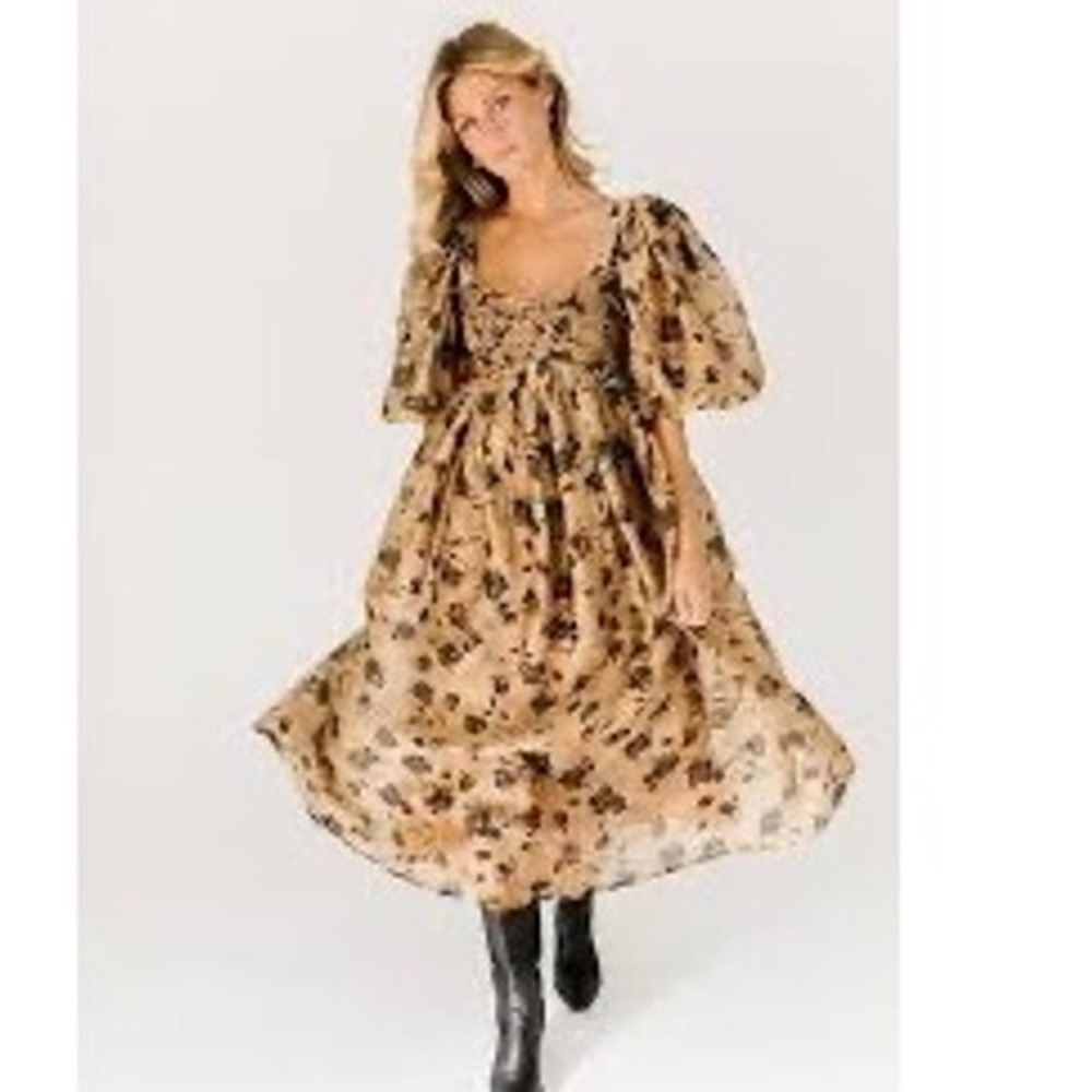 Zoco Dress Gala Midi Puff Sleeve Smocked Floral Gold Black M NWT Cottagecore